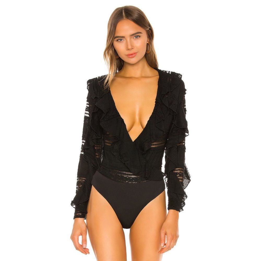 Tularosa Flora Lace Ruffled Bodysuit Black Size Large